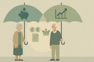 6. What Are the Financial Benefits of Receiving Pension Credit? An older person at home surrounded by symbolic icons: a free TV licence, council tax bill with a check mark, prescription meds, a heating bill with a snowflake, and coins. A document titled “Pension Credit Award” is in their hand. Bright, clear, and reassuring illustration in widescreen. 